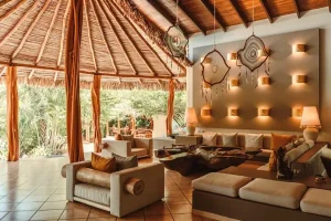 Open-air luxury lobby at Cala Luna Boutique Hotel & Villas in Tamarindo, Costa Rica.
