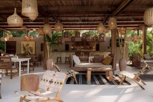 Open-air lounge and restaurant area at Cala Luna Boutique Hotel & Villas in Tamarindo.