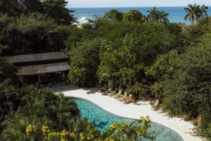 Tropical swimming pool surrounded by lush greenery at Cala Luna Boutique Hotel & Villas in Tamarindo.