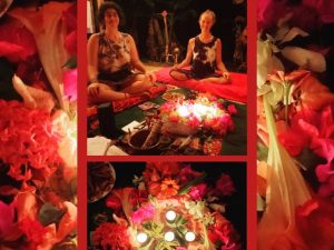 Participants gathered in a candlelit sacred circle during an ancestral medicine retreat in Costa Rica.