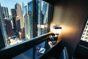 Workspace overlooking the Manhattan skyline at W New York Times Square.